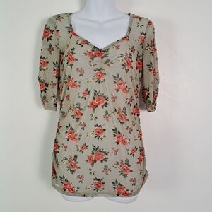 No‎ Boundries Olive Green Floral Sheer Second Skin Ruched Top